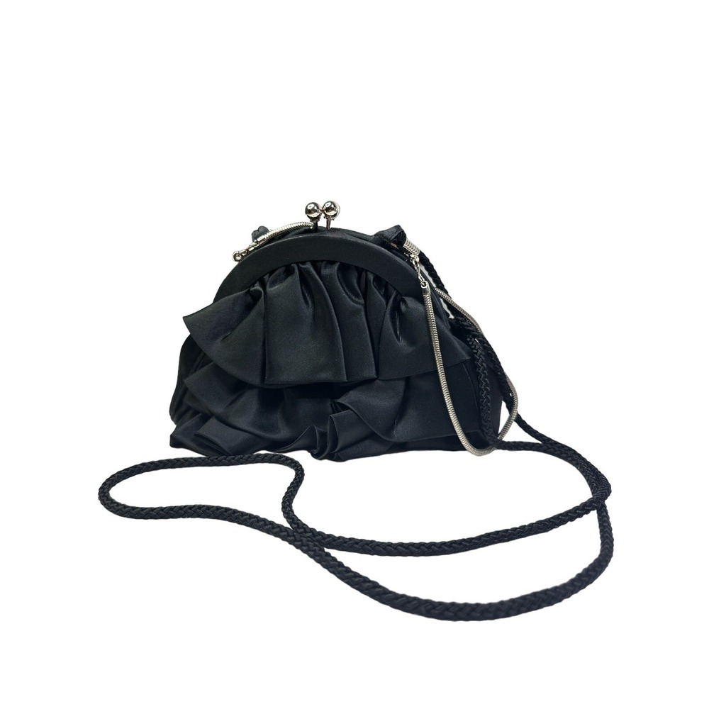 Kate Landry Black Satin Ruffle Evening Handbag With Shoulder Strap